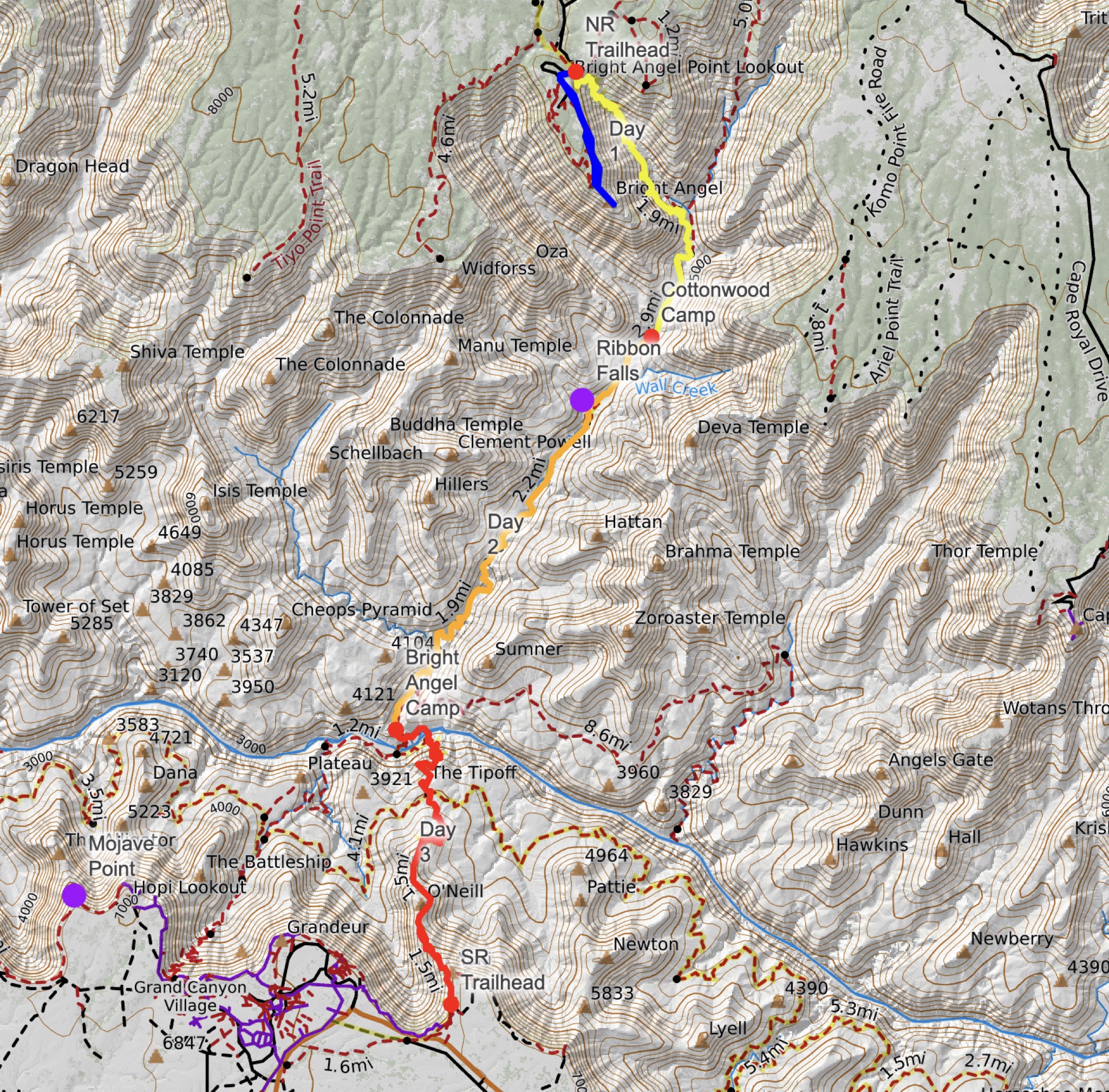 Map of my Grand Canyon Rim-to-Rim route with marked photography spots