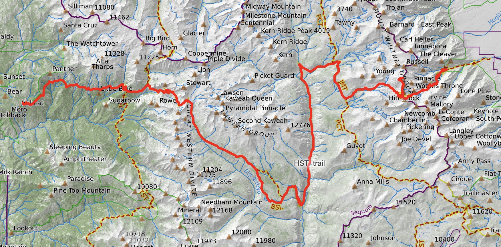 CalTopo map of the High Sierra Trail route from Crescent Meadow over the Great Western Divide and the Kern River to Mount Whitney and Whitney Portal