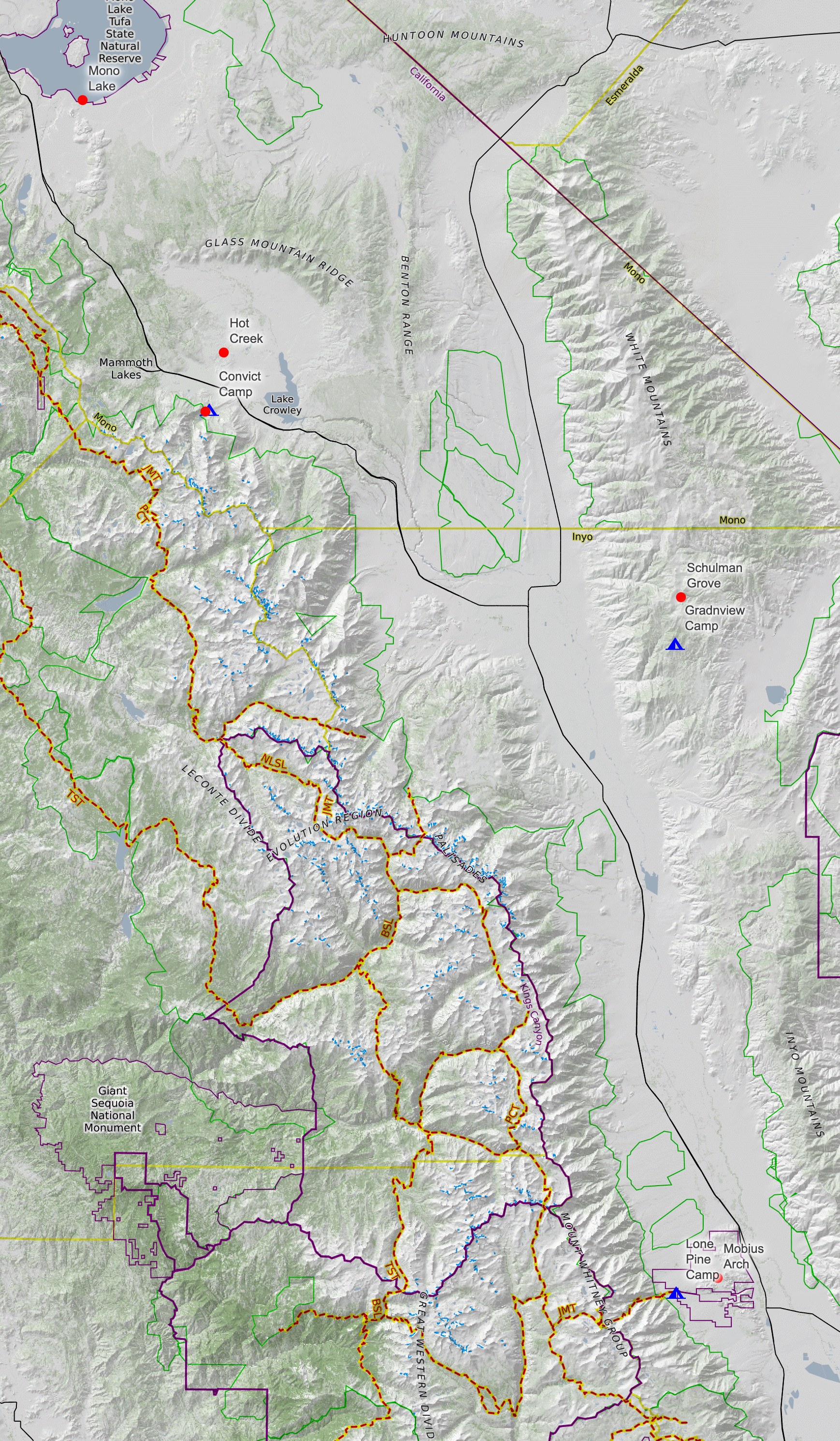 CalTopo map of a Highway 395 road trip through the Eastern Sierra with markers at Lone Pine Campground, Mobius Arch, Grandview Campground, Schulman Grove, Convict Lake, Hot Creek and Mono Lake