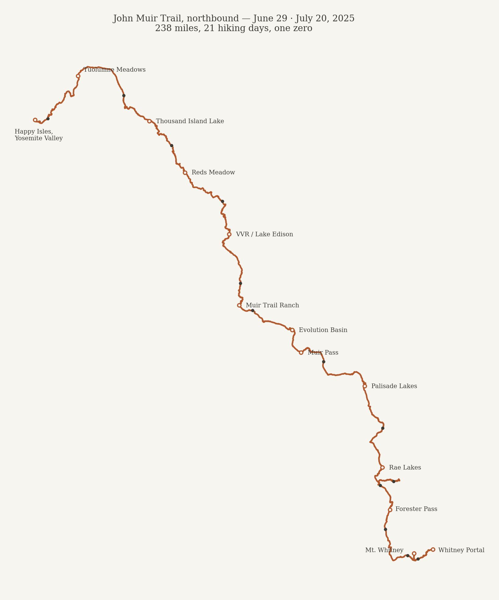 CalTopo map of a 21-day northbound John Muir Trail thru-hike from Whitney Portal to Happy Isles in Yosemite Valley