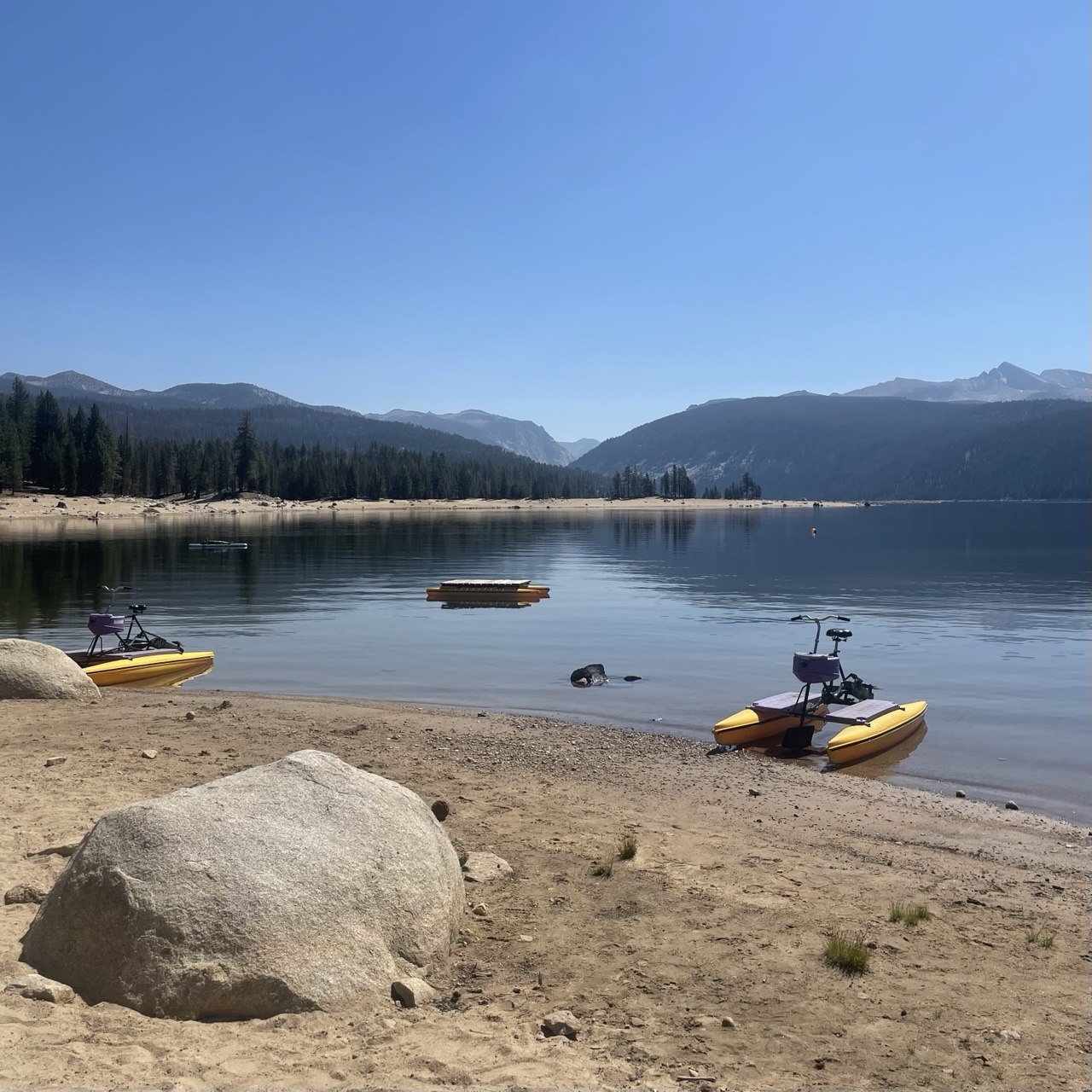 Pedal boats on the beach at Lake Edison during a zero day at Vermilion Valley Resort on the John Muir Trail